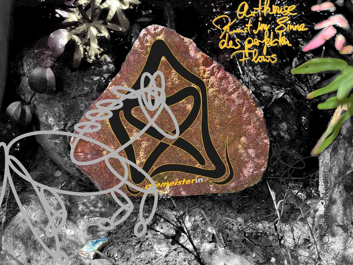 Abstract graffiti on a rock in dirt, with black and yellow curves and gray looping scribbles over a natural background.